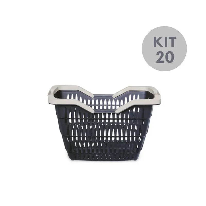 Kit 20 cestas plásticas 12 litros pretas com alças para casa mercados E afins