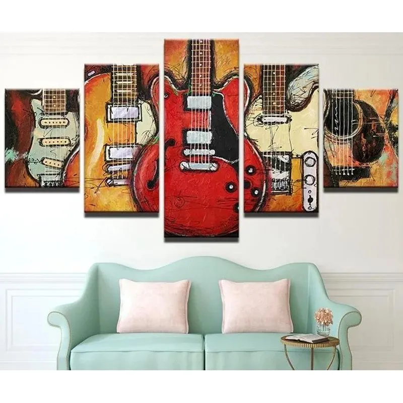 Quadro 5 Peças Mosaico Guitarras Coloridas