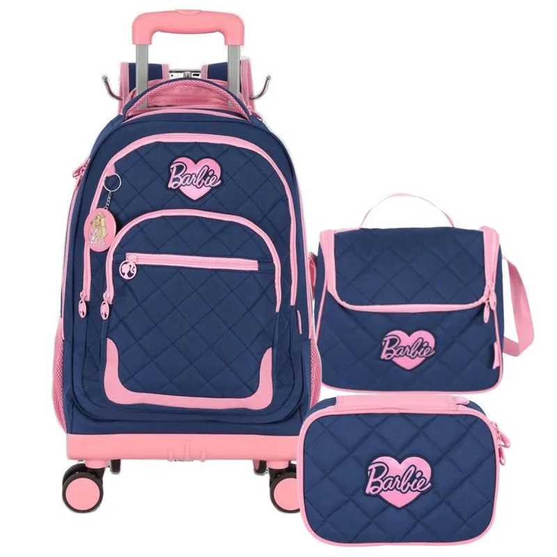 Mochila de Rodinha Lancheira e Estojo Barbie Azul Luxcel