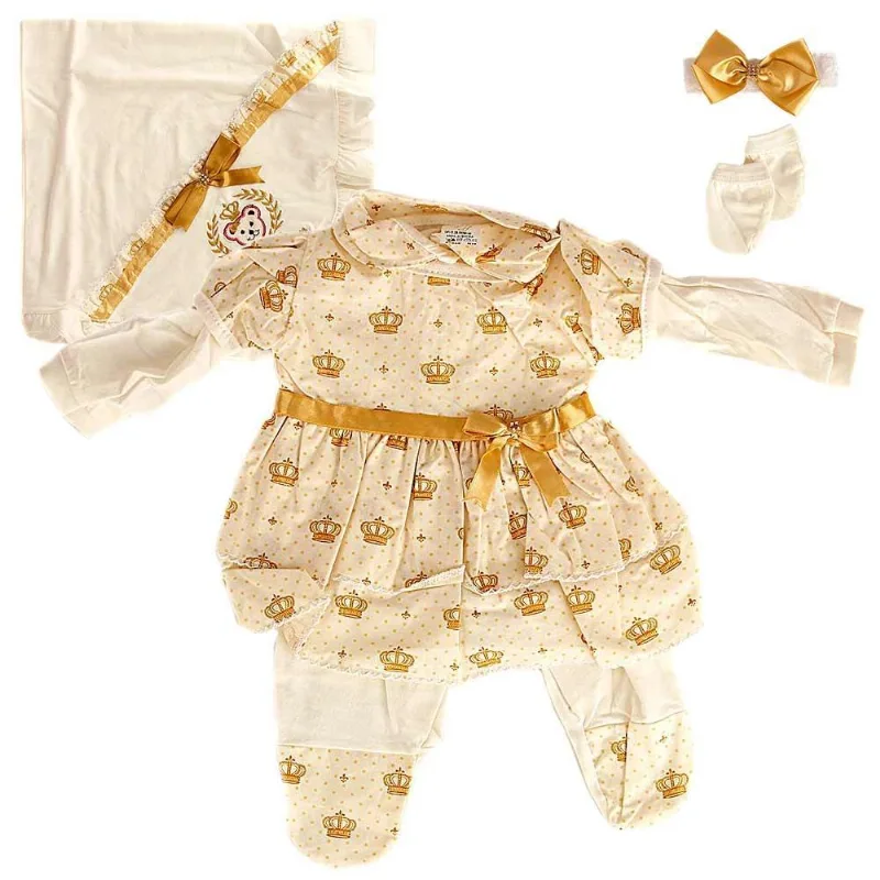Conjunto Saida Maternidade Neném Menina Coroa Dourada 5pçs