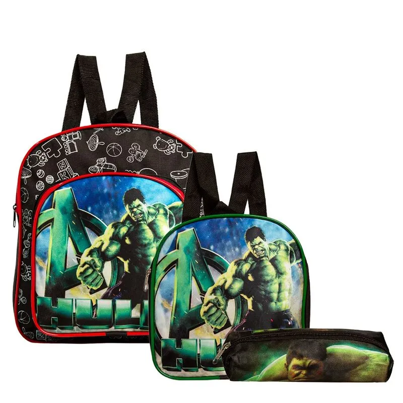 Mochila Escolar Incrível Hulk Costas Kit Lancheira + Estojo