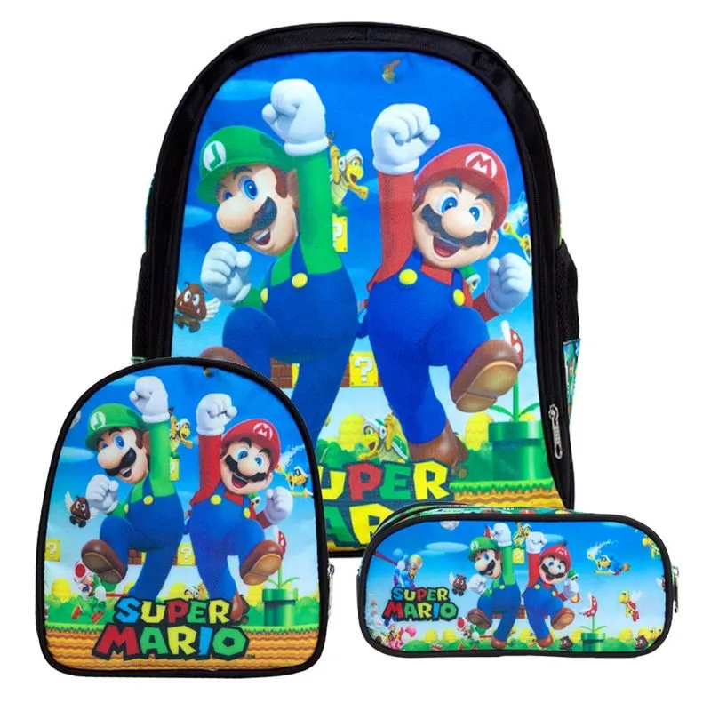 Mochila Infantil Masculina Super Mario Bros Lancheira Estojo