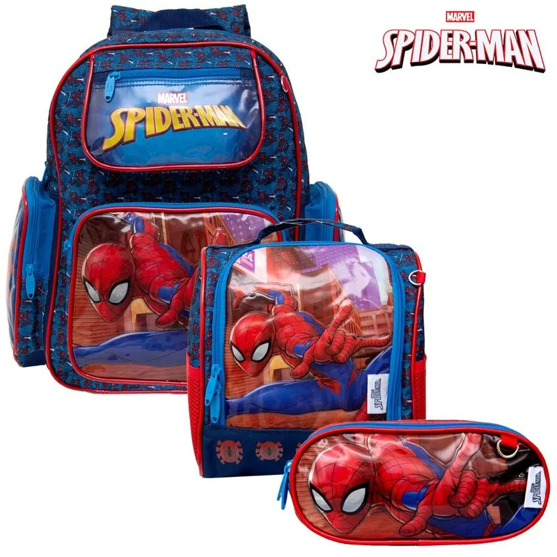 Kit Mochila Masculino Infantil Spider Man G de Costas Azul