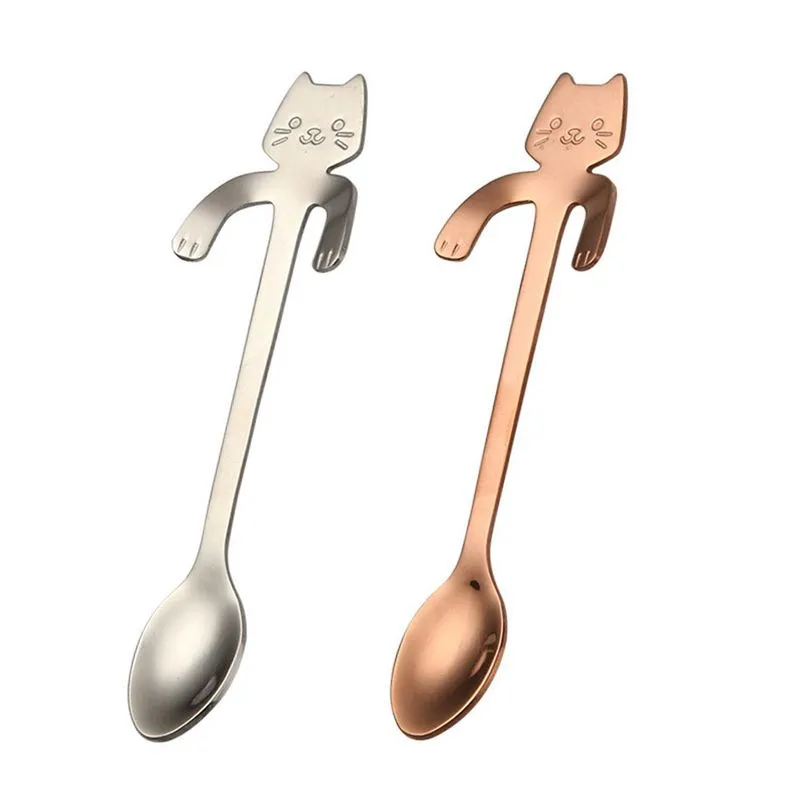 2 Peças Colher De Aço Inoxidável Gato De Desenhos Animados Cabo Longo Adorável