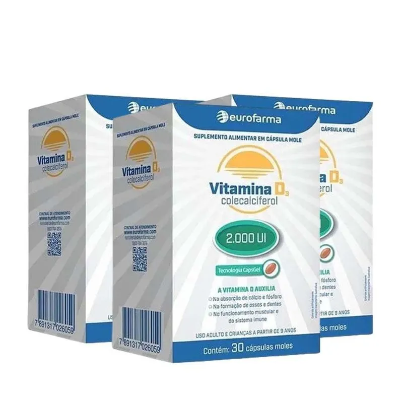 Kit 3 Vitaminas D3 2.000UI Eurofarma 30 Cápsulas