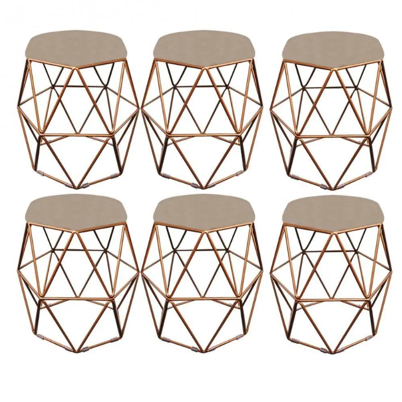 Kit 06 Puff Banqueta Aramado Luna Hexágono Base Bronze Corino Bege