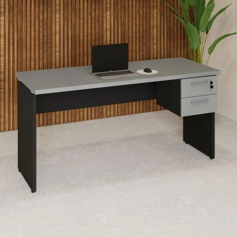 Mesa Escrivaninha Retangular F5 Office Moderno 2 Gavetas MDP 150cm Cinza Com Preto