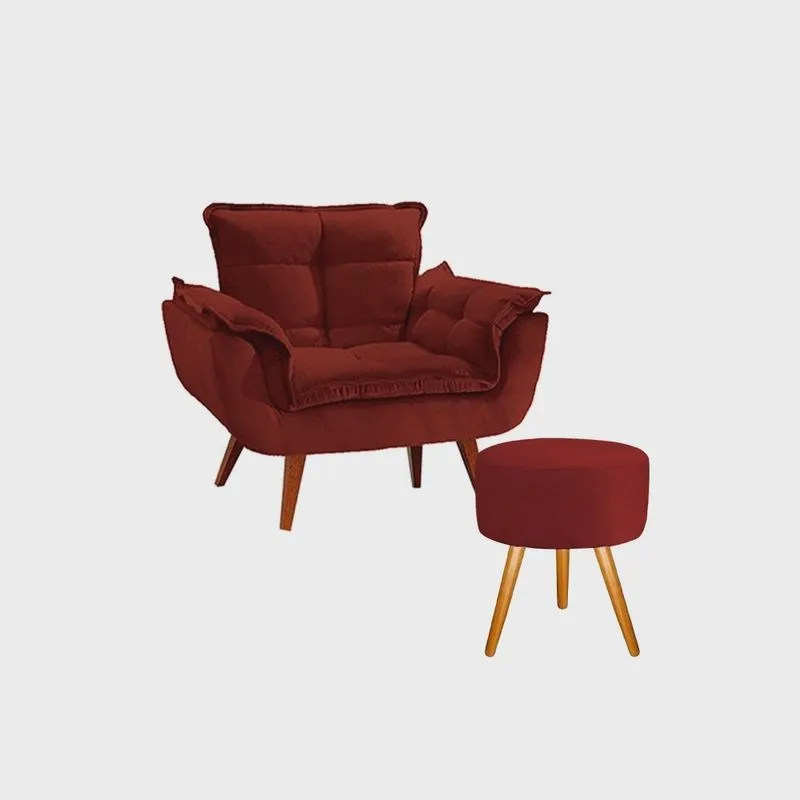 Conjunto 1 Poltrona Opala com 1 Puff Redondo Luxo com Pés Estilo Retrô - Bordo