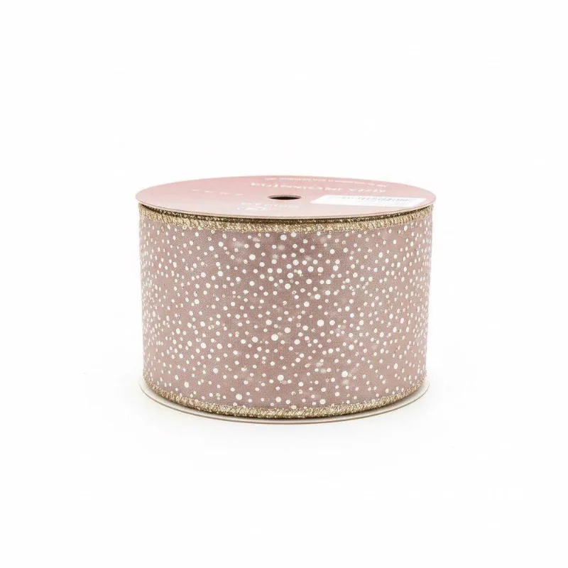 Fita Decorativa Aramada De Cetim Poá E Glitter Rosé Gold 6,3cm X 9,14 M Rosê Grillo Home Decor
