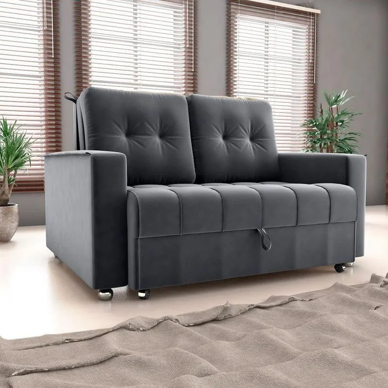 Sofá Cama Milão 2 Lugares 140cm Cinza Veludo