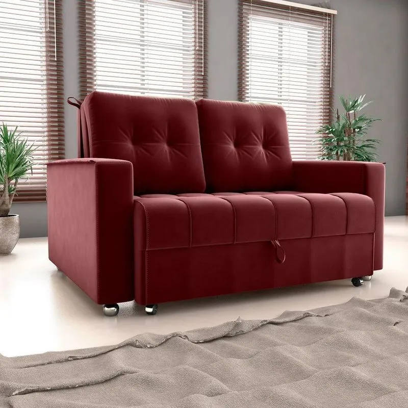 Sofá Cama Milão 2 Lugares 140cm Vermelho Veludo