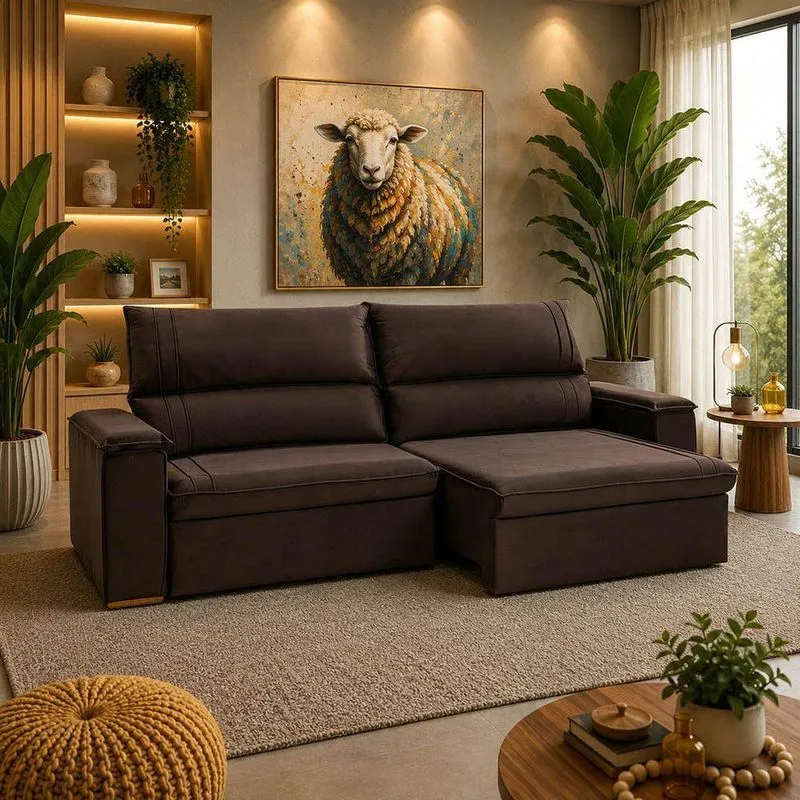 Sofá Com Chaise Milano 2 Lugares Retrátil E Reclinável 250cm Marrom