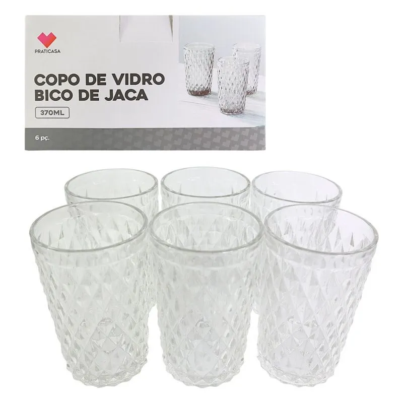 Kit Jogo Conjunto 6 Copos Praticasa de Vidro Bico de Jaca 370ml