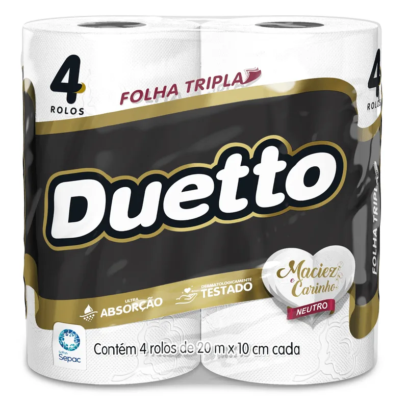 Papel Higiênico DUETTO Neutro Folha Tripla com 4 Rolos 20 Metros