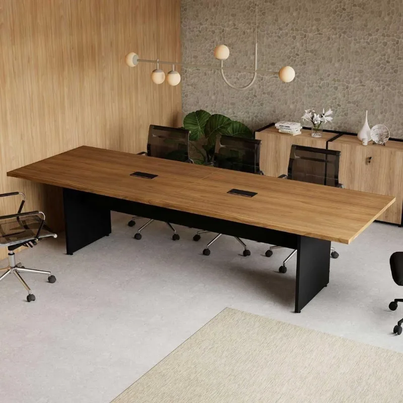 Mesa de Reunião Escritório 300CM X 110CM 08 Pessoas 2 Caixas para Tomadas 100% MDF Freijó com Preto