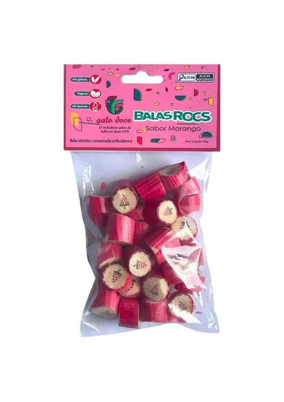GALO DOCE BALAS ROCS MORANGO 60g PCT - Bala rocs sabor morango. Origem: Brasil
