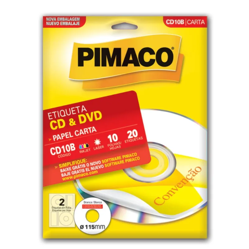 Etiqueta CD & DVD Inkjet Laser CD10B 115mm 10Fls - Pimaco