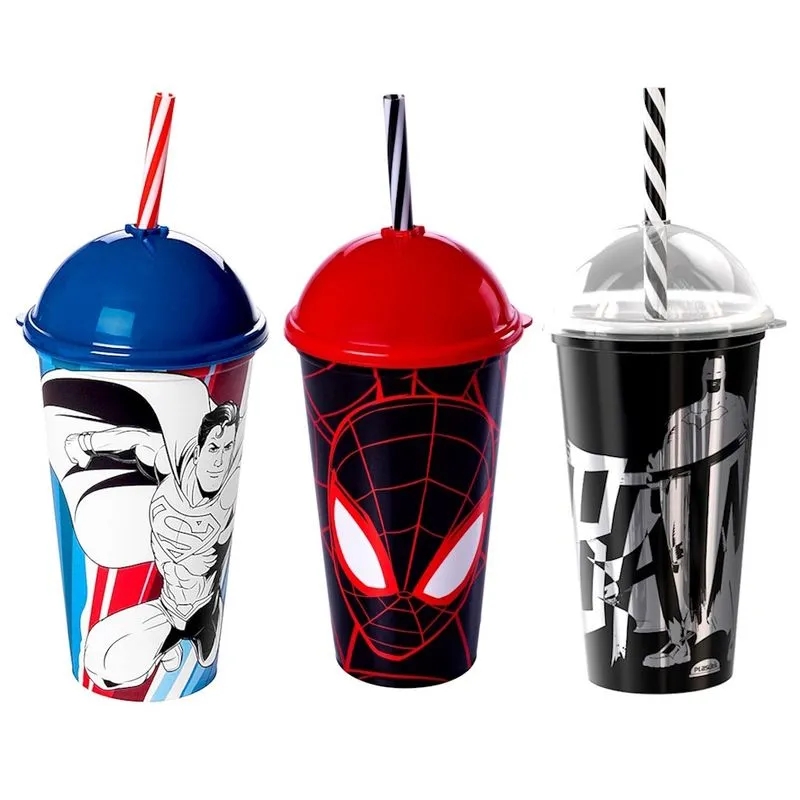 Kit com 3 Copo Shake com Canudo Infantil Spider Man SuperMan e Batman