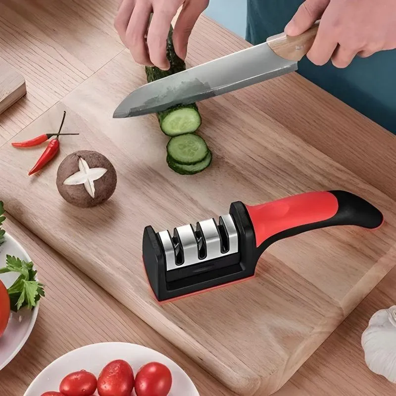 Afiador De Facas Facões Cutelos 3 Em 1 Profissional Em Aço Inox E Plástico Abs Com Design Ergonômico