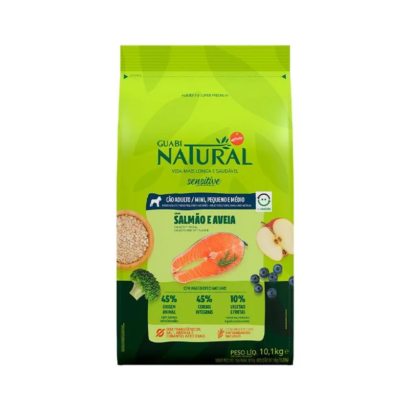 Ração Guabi Natural Sensível para Cães Adultos de Porte Mini, Pequeno e Médio Sabor Salmão e Aveia - 10,1kg
