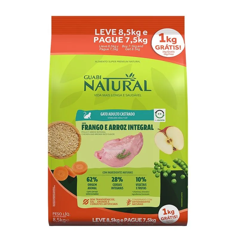 Ração Guabi Natural Gatos Castrados Frango e Arroz Bônus Bag - 8,5Kg