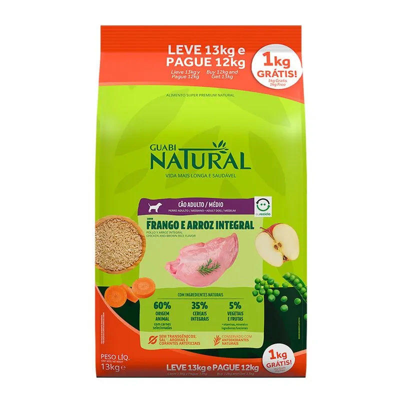 Ração Guabi Natural Cães Adultos Raças Médias Frango e Arroz Integral 13kg
