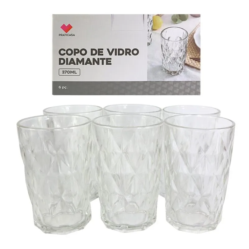 Kit com 6 Copos de Vidro Diamante 370ml