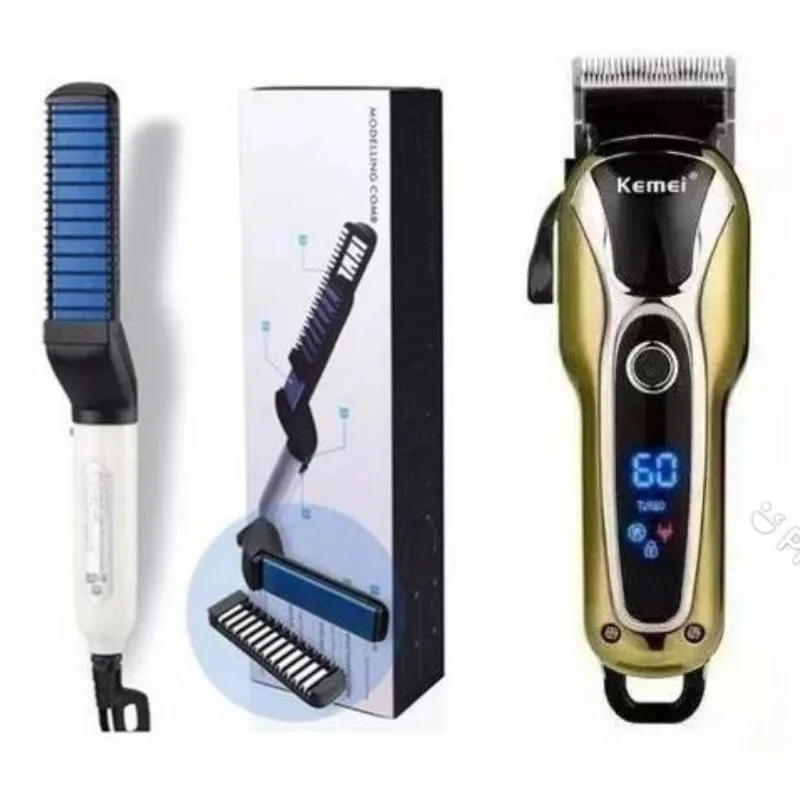 Maquina Cortar Cabelo Kemei 1990 Com Prancha Cabelo E Barba