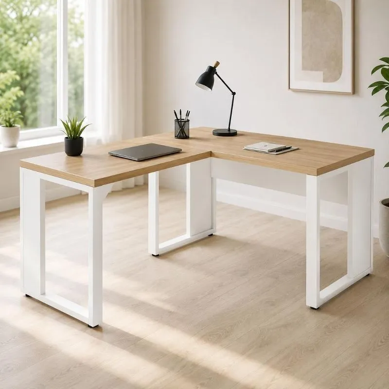 Mesa Escritório Em L F5 Office Design Industrial MDP 120cm Macadâmia Com Branco