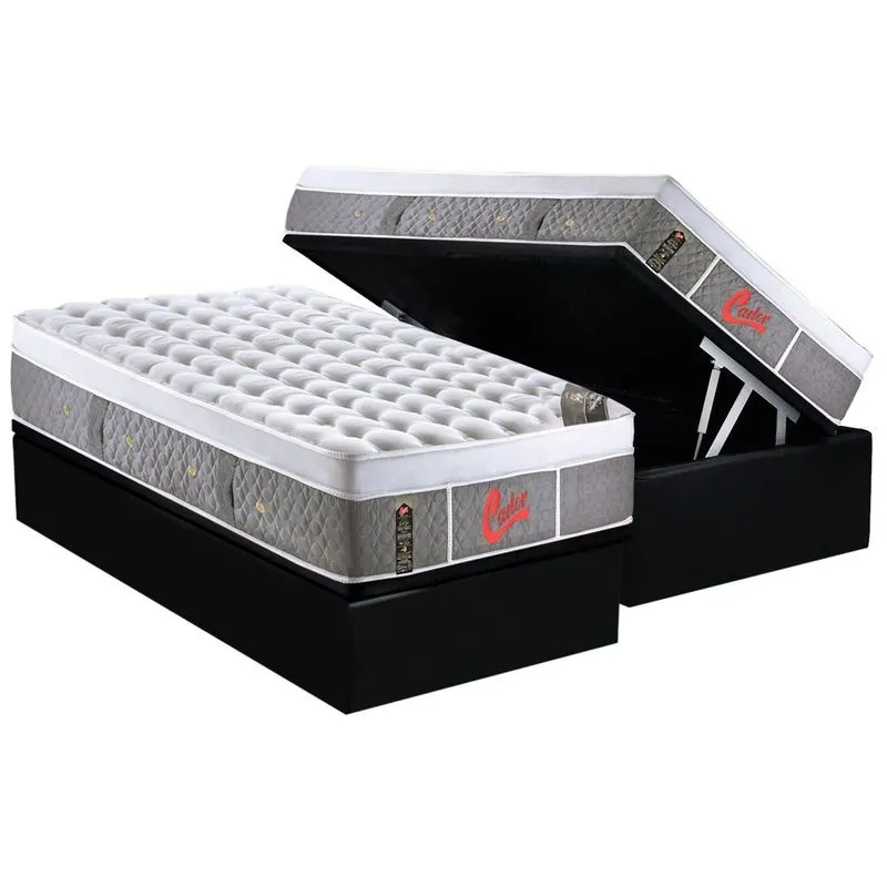 Conjunto Box Baú Solteiro: Colchão Molas Castor Ensacadas Light Stress Oxygen New Plush + Base CRC Courano Black (88x188)