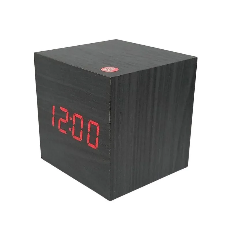 Despertador Cubo Estilo Madeira Cor Preto