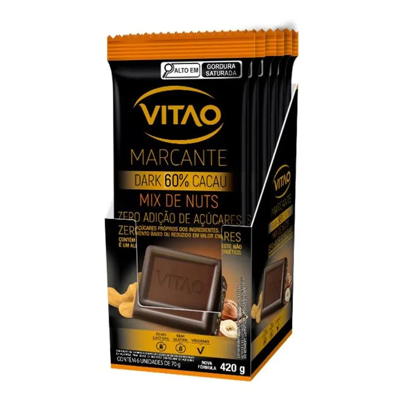 Chocolate Dark 60% Cacau Zera Adição De Açúcares Mix De Nuts 6 Unidades De 70g Cada Vitao