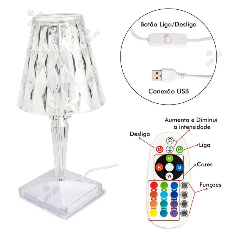 Luminária Abajur Cristal Led Rgb Usb Com Controle Remoto