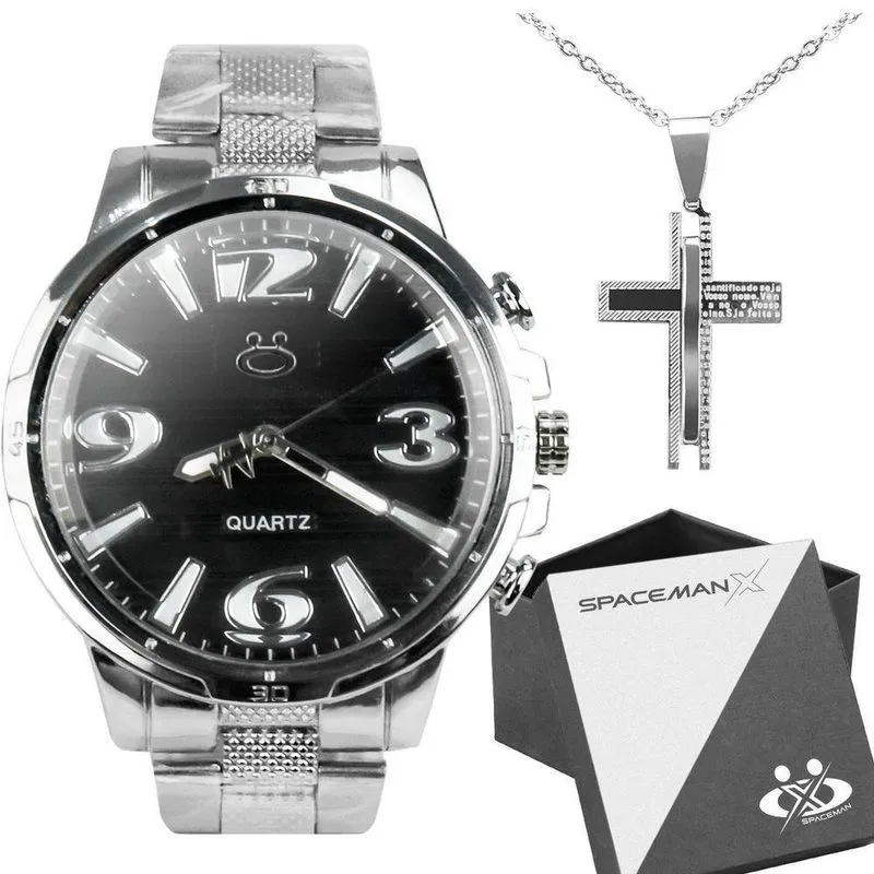 Relogio Masculino Aço Inox + Cordão Corrente + Caixa Religioso Presente Original Inoxidável Casual