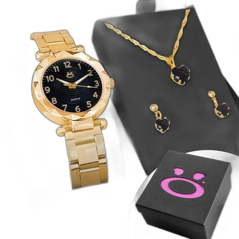 Relógio Feminino Banhado Aço Inoxidável + Colar Strass +