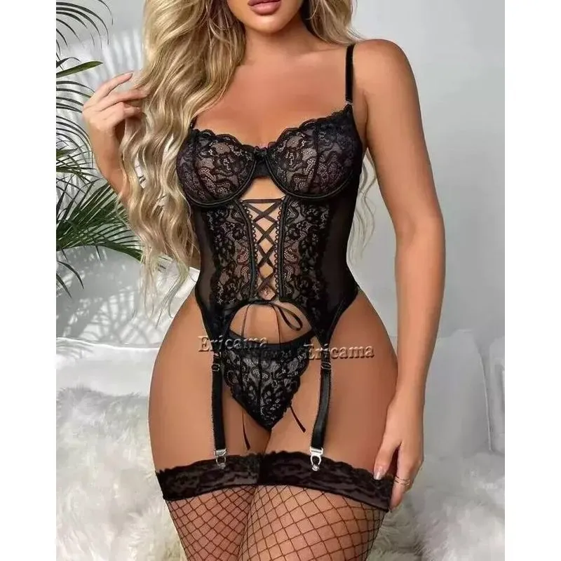 Conjunto De Lingerie Sexy, Renda, Tanga, Sutiã Elashopp Preto Sem Meia M