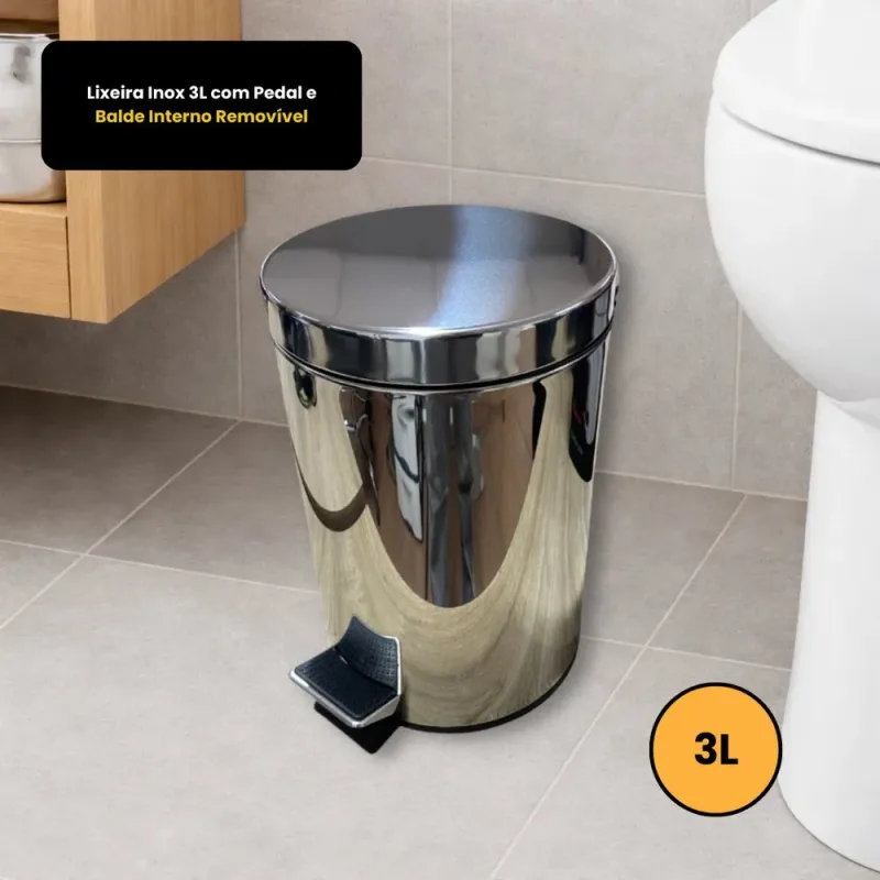 Lixeira Inox 3L com Pedal e Balde Interno Removível