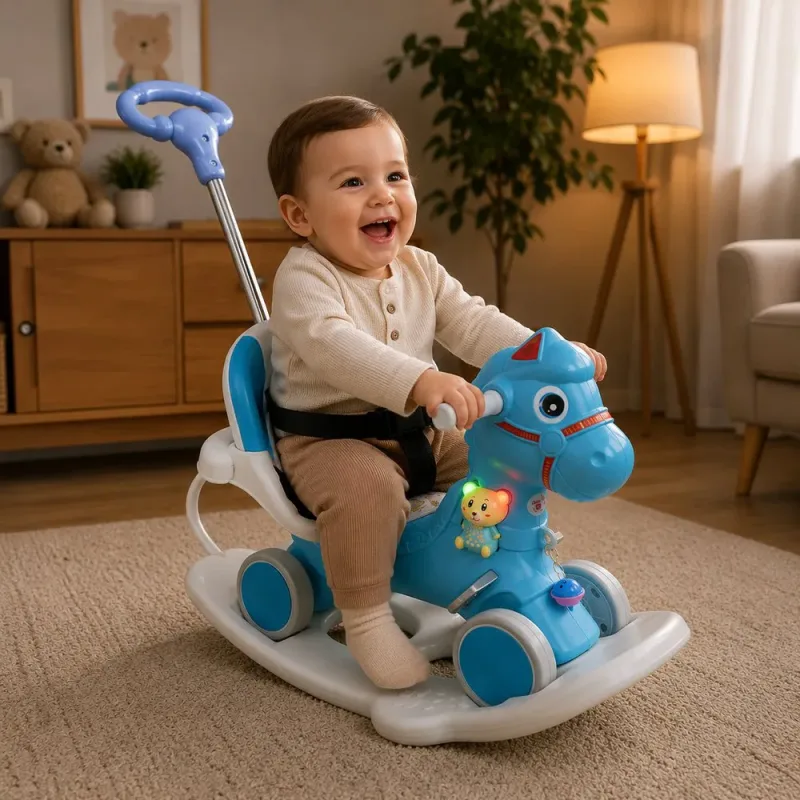 Cavalinho Infantil 3 em 1 com Empurrador Balanço Luz e Sons - Azul