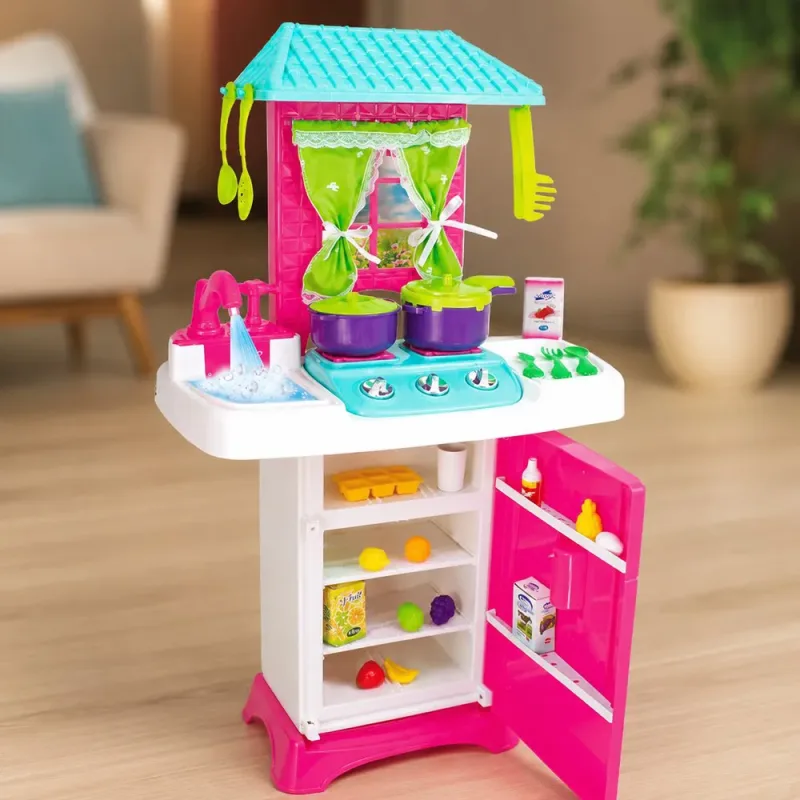 Conjunto Cozinha Infantil Pia Geladeira Fogão com Telhado
