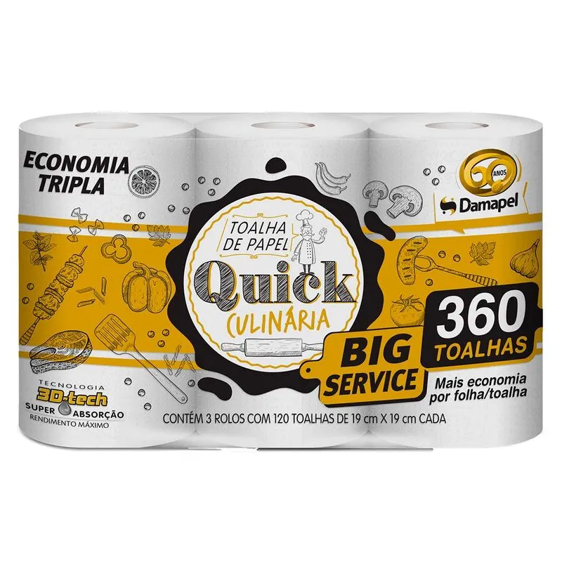Papel Toalha Folha Dupla Quick 120 Folhas 3 Unidades
