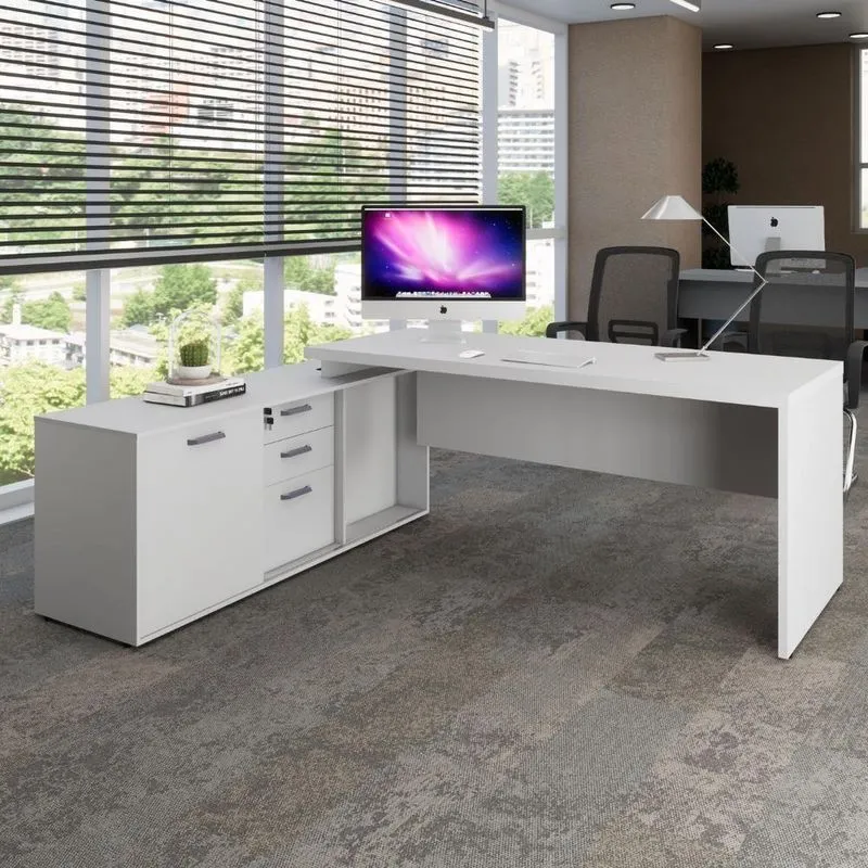 Mesa Em L Para Escritório Com Armário Lateral Dinâmica 150cm Cinza F5 Office