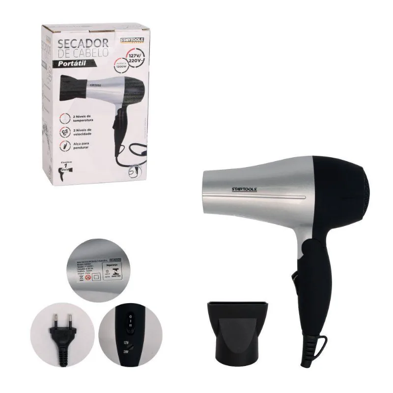 Secador de Cabelo Portátil 1200W 2 Temperaturas Cinza Startools para Uso Doméstico Bivolt