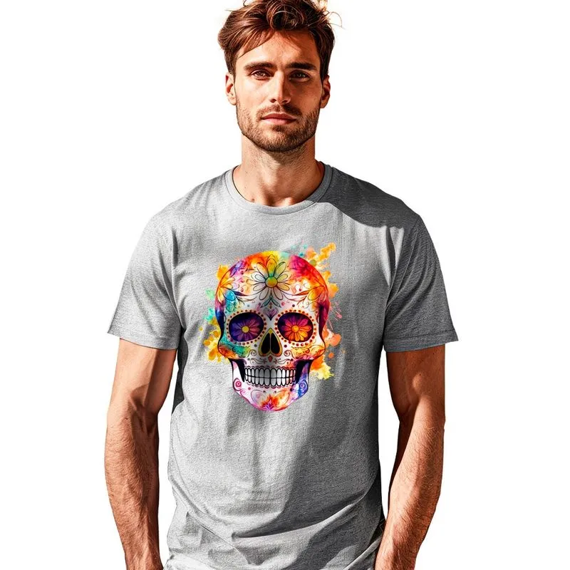 Camiseta Unissex Estampada Caveira Mexicana Color Cinza