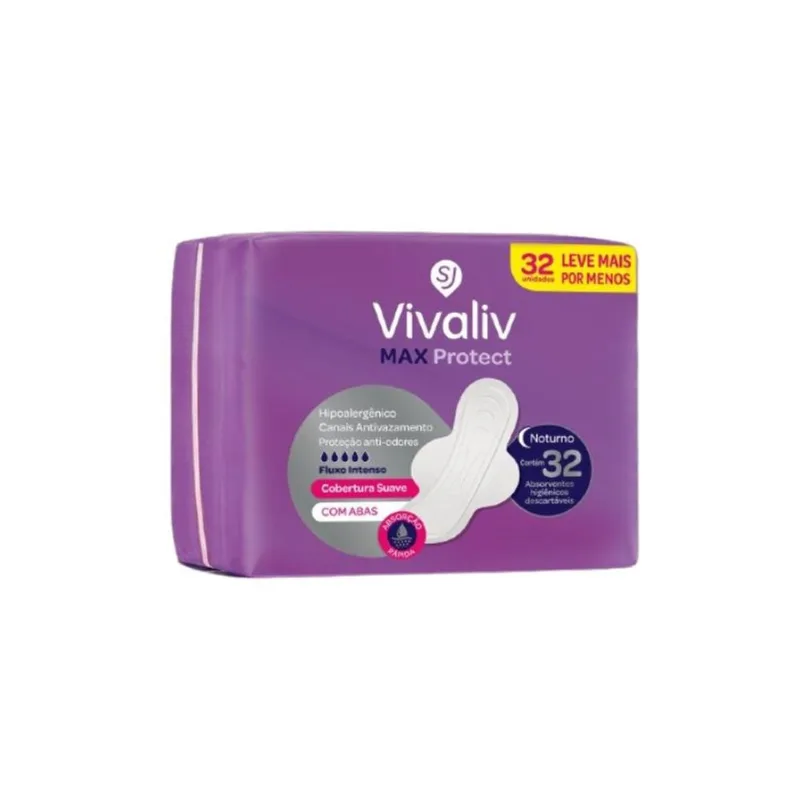 Absorvente Vivaliv Noturno Max Protect Suave com Abas 32 Unidades ABS VIVALIV NOTURNO MAX PROT C/ABAS 32UN