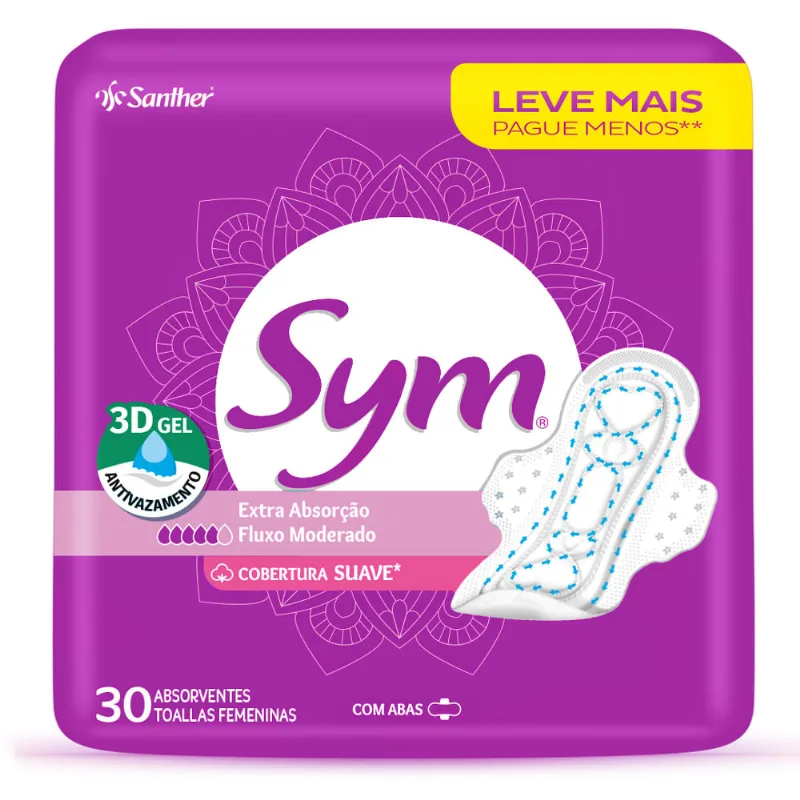 Absorvente Sym Cobertura Suave 3D Gel Fluxo Moderado Com Abas com 30 Unidades Leve Mais Por Menos