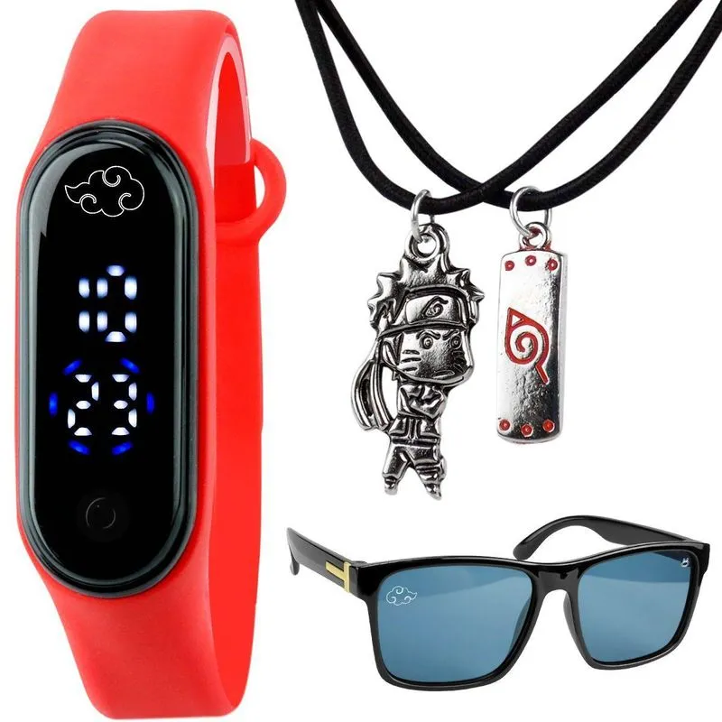 Relogio Digital Infantil Naruto Led + Colar Duplo + Oculos