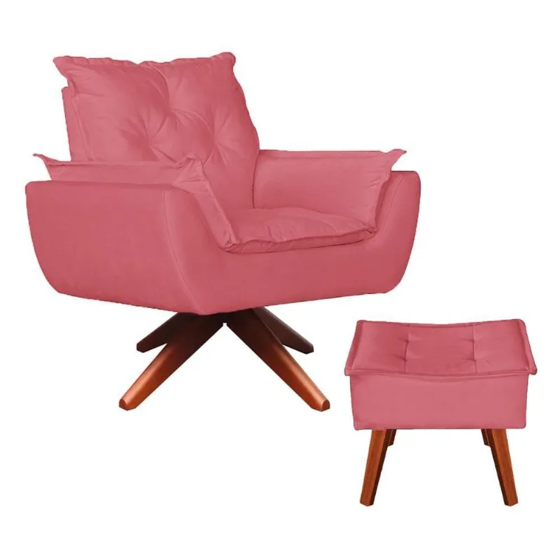 Poltrona Opala Base Giratória Com Puff Suede Rosa Goiaba