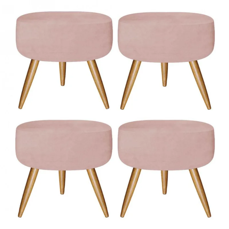 Kit 04 Puffs Banqueta Nina Redondo Pé Palito Suede Rose Gold