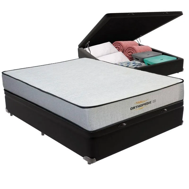 Cama Box com Baú Viúvo Bravus Ortopillow Espuma Ortopédico Preto Vtech 128CM