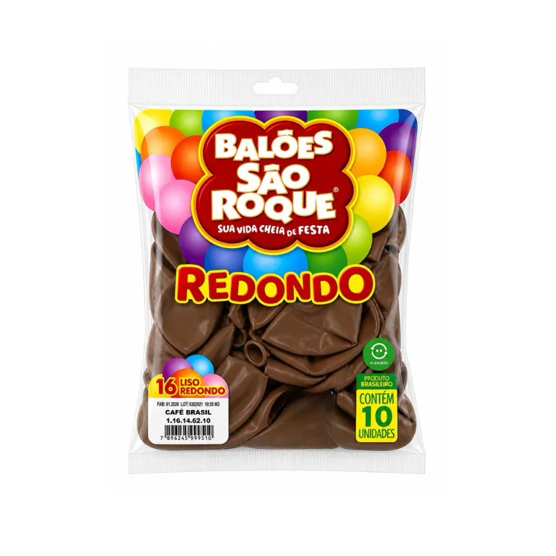 BALÃO REDONDO 10UN NÚMERO 16 LISO CAFÉ BRASIL SÃO ROQUE